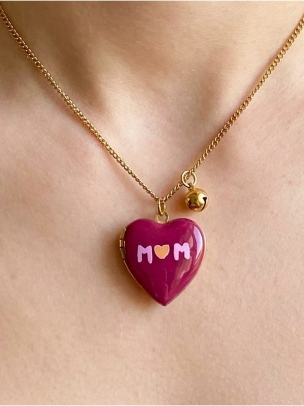 Heart Pendant Necklace - 'MOM' Pink Heart Locket with Gold Chain